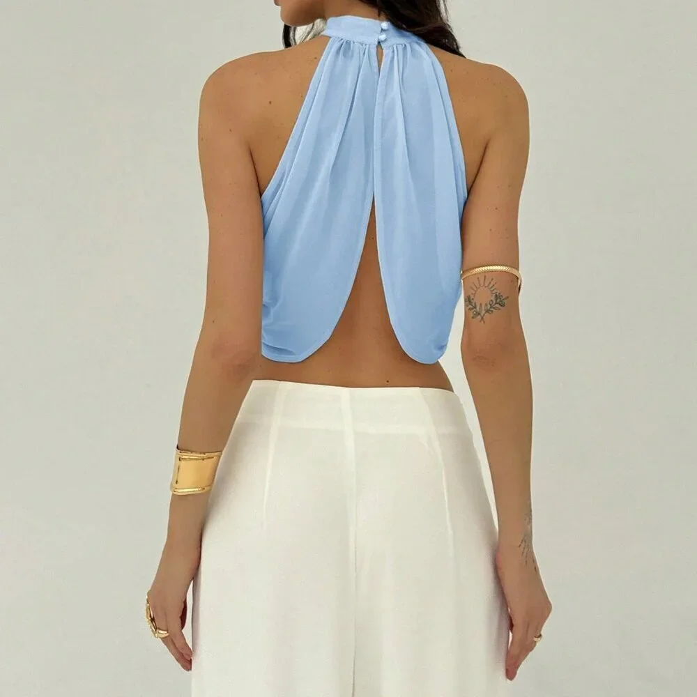 Baby Blue Women's Chiffon Sexy Vacation Blouse - Picture 2 of 7